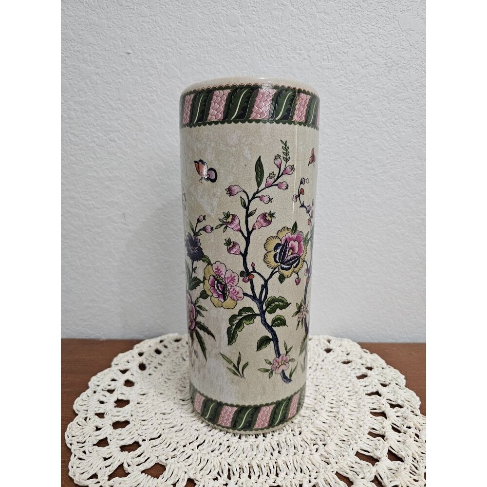 Asian‎ Porcelain Cylindrical Vase Vintage Garden Ridge 12"